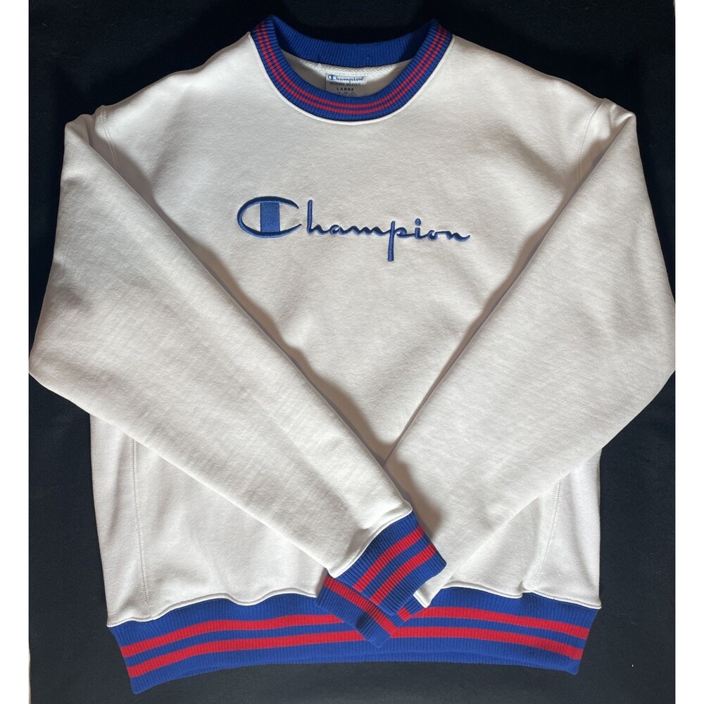 Champion Men Reverse Weave Sweatshirt Large EUC White W/ Red Blue Trim Preppy